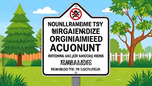 Warning Sign with Abstract Gibberish Text in a Sunny Park