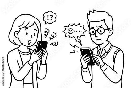 Couple looking at smartphones with worried and angry expressions social media bad news online dating online bullying