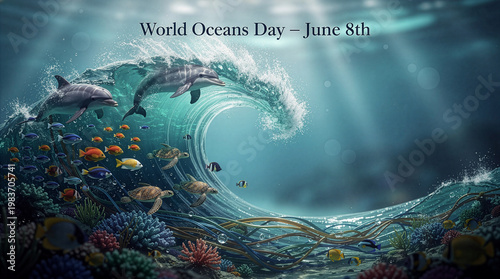 “World Oceans Day – June 8th.” A large stylized ocean wave filled with marine animals such as dolphins, fish, sea turtles, coral, and seaweed. Marine conservation, and ocean protection campaigns.