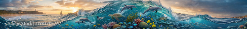 “World Oceans Day – June 8th.” A large stylized ocean wave filled with marine animals such as dolphins, fish, sea turtles, coral, and seaweed. Marine conservation, and ocean protection campaigns.