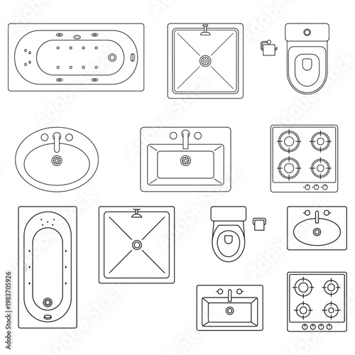 Bathroom and Kitchen Fixture Icons Top View Set for Floor Plans and Interior Design
