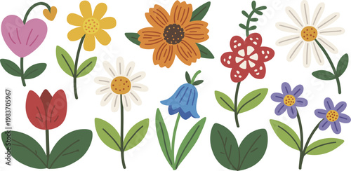 Collection of Hand Drawn Flat Flowers and Leaves Keywords: flower, floral, nature, spring