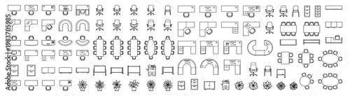 Office Furniture Floor Plan Icons Set — Top View Desk, Chair, Conference Table and Reception Symbols