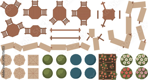Top View of Outdoor Furniture and Garden Elements 
