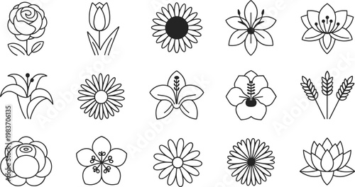Simple Outline Icons of Various Flowers and Wheat floral