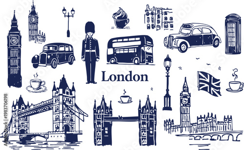 Photography London Travel Icons Illustration Set with Big Ben, Tower Bridge, Red Bus, Taxi a