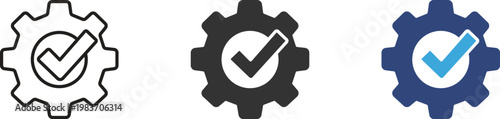 Settings check icons set, Configuration approved symbols, System verification icons, Cog success signs