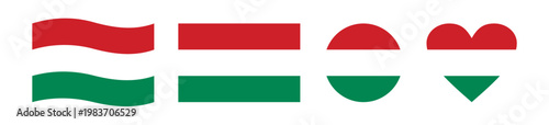 Set of four creative Hungary flag vector designs featuring wavy, circular, heart-shaped, and rectangular styles, symbolizing national pride and patriotic celebration