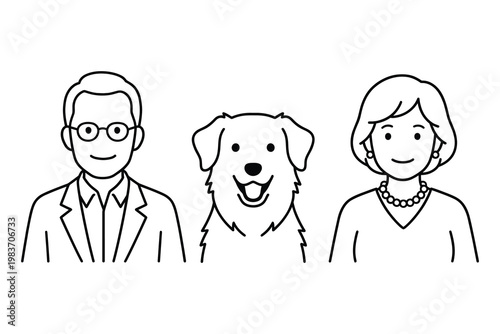 Simple line art illustration of a smiling couple with their happy pet dog between them representing family life