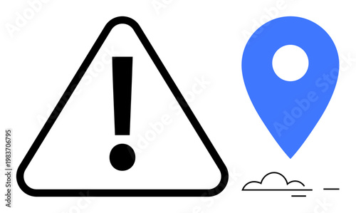 Alert systems, navigation, location tracking, safety warnings, online maps, emergency response. Black exclamation mark in a triangle beside a location pin icon. Alert systems and navigation concept