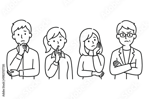 Set of people showing expressions of worry concern and thinking in hand drawn line art vector style with thinking