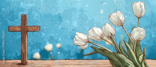 easter background with white tulips and a wooden cross on a blue table, with space for text. stained glass illustration