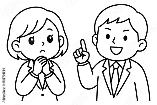 Businessman giving advice to concerned businesswoman line art vector with business consultation communication