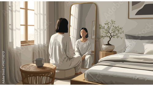 Woman Reflecting in Bedroom Mirror, Morning Routine, Self-Care, Wellness