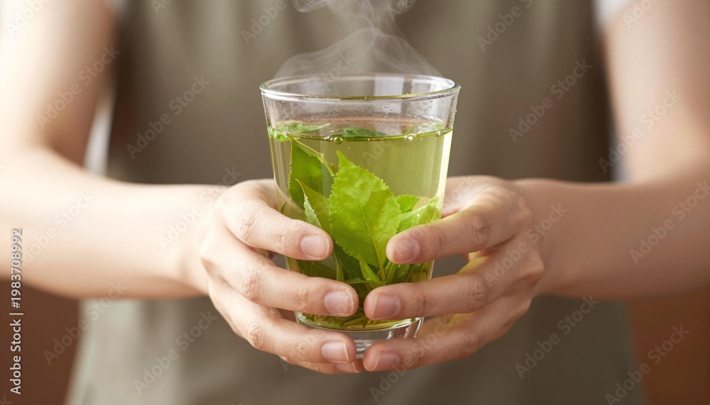 Fototapeta premium Hands holding a steaming glass of green tea with visible fresh leaves and rising steam