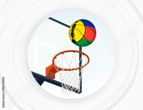 New Caledonia Flag Themed Basketball in Motion, Scoring Moment in Basketball Game.