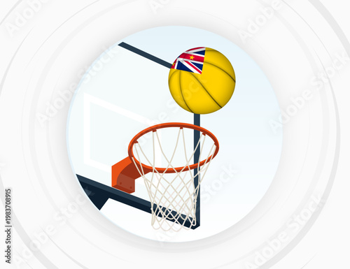Niue Flag Themed Basketball in Motion, Scoring Moment in Basketball Game.