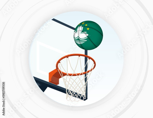 Macau Flag Themed Basketball in Motion, Scoring Moment in Basketball Game.