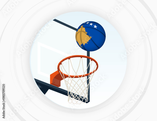 Kosovo Flag Themed Basketball in Motion, Scoring Moment in Basketball Game.
