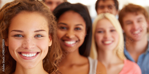 Several young people smiling and looking at the camera. Male and female and white, black and asian.