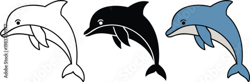 Minimalist dolphin vector set, jumping marine mammal icons in outline and silhouette styles, blue aquatic animal illustrations for ocean conservation isolated on White Background