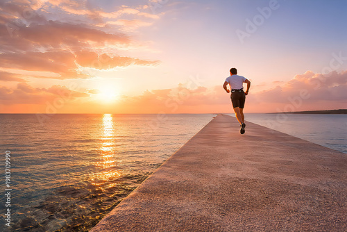Runner on pier at sunrise over ocean – concept of comeback, restart and new beginning