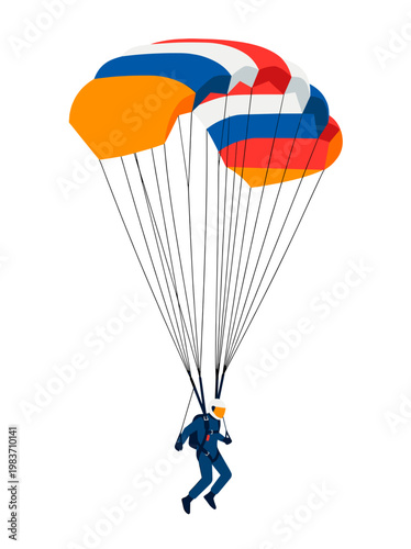 A Skydiver descending with colorful parachute, skydiving adventure, the person is hanging with parachute