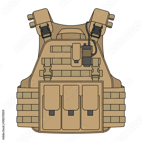 Tactical Armor Vest Illustration, Featuring a Radio Communication Device