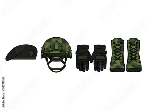 Military gear set displayed in a row, featuring a beret, helmet, gloves, and boots.
