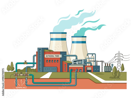 A illustration of a geothermal power plant, releasing steam into the sky