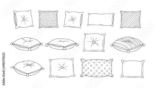 Collection of hand drawn decorative pillows with various patterns and tufting cushion