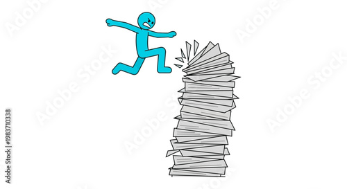 overcoming obstacles workload management an angry person breaking free from paperwork stress jumping over a tall stack.