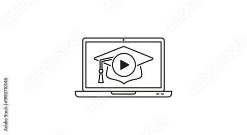 online education e-learning digital learning graduation cap video course icon shown on a laptop screen for academic remote study content.