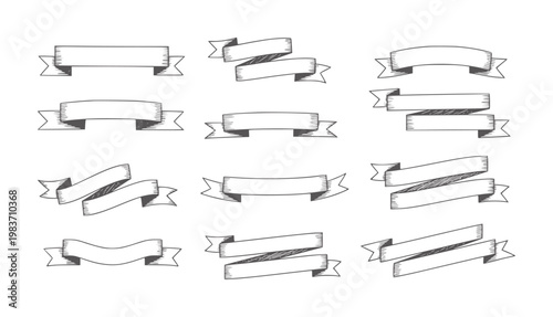 Collection of hand drawn vintage ribbon banners in grey handdrawn