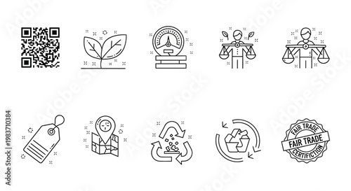 sustainability fair trade and recycling icons illustrating ethical consumption product traceability and environmental responsibility.