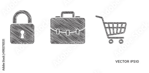 Grey sketched lock briefcase and shopping cart white security