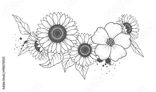 Hand drawn black ink floral arrangement with sunflowers and poppies poppy botanical