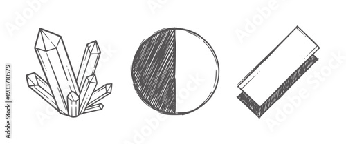 Hand drawn crystal cluster half circle and rectangle with shadow quartz mineral