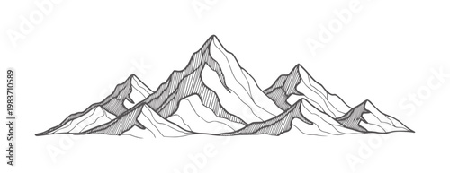 Hand drawn mountain range silhouette with shaded peaks summit