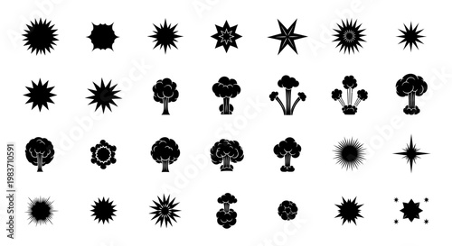 collection of black explosion and starburst icons on white background