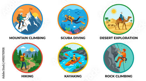 Adventure sports and activities icons for mountain climbing, scuba diving, desert exploration, hiking, kayaking, and rock climbing enthusiasts worldwide