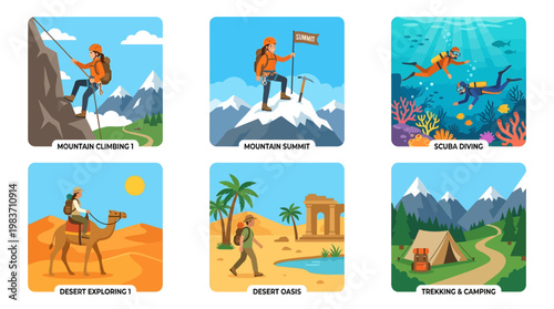 Adventure activities like mountain climbing, scuba diving, and desert exploring with various outdoor pursuits