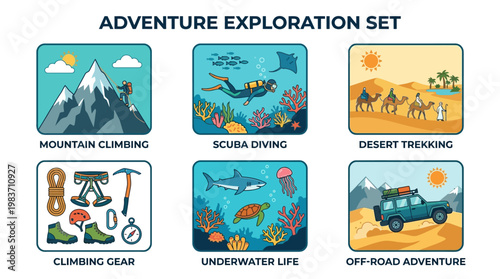 Adventure exploration set with mountain climbing, scuba diving, desert trekking, climbing gear, underwater life, off-road adventure