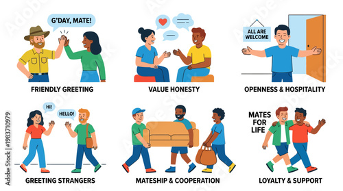 Australian culture and values illustrated through various friendly social interactions and greetings