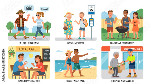 People engaging in various social interactions and conversations in different settings