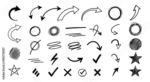 hand drawn sketch arrows doodle symbols and graphic elements illustrating direction and selection on a clean white background ideal for design.