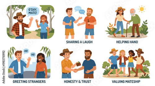 Cartoon people sharing laughs and helping each other in various social situations