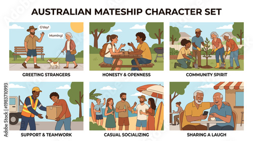 Australian mateship character set illustrations depict cultural values and social interactions