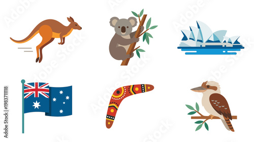 Australian wildlife and landmarks icons featuring kangaroo, koala, Sydney Opera House, flag, boomerang, and kookaburra