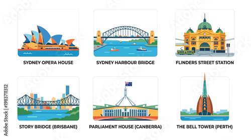 Sydney Opera House, Harbour Bridge, Flinders Street Station, Story Bridge, Parliament House, The Bell Tower in Australia